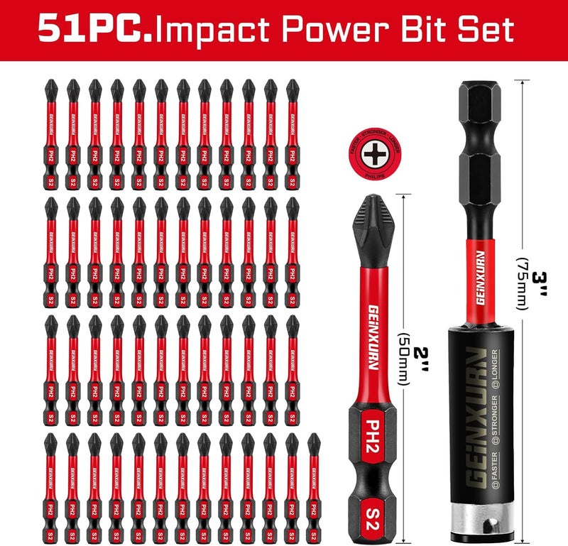 GEINXURN 51Pack PH2 2 Inches Impact Tough Anti-Slip Screwdriver Bits, #2 Phillips 1/4 Inch Hex Shank Magnetic Tips Cross Screwdriver Bits Set with 1Pcs Impact Bit Holder,Bulk - Image 2